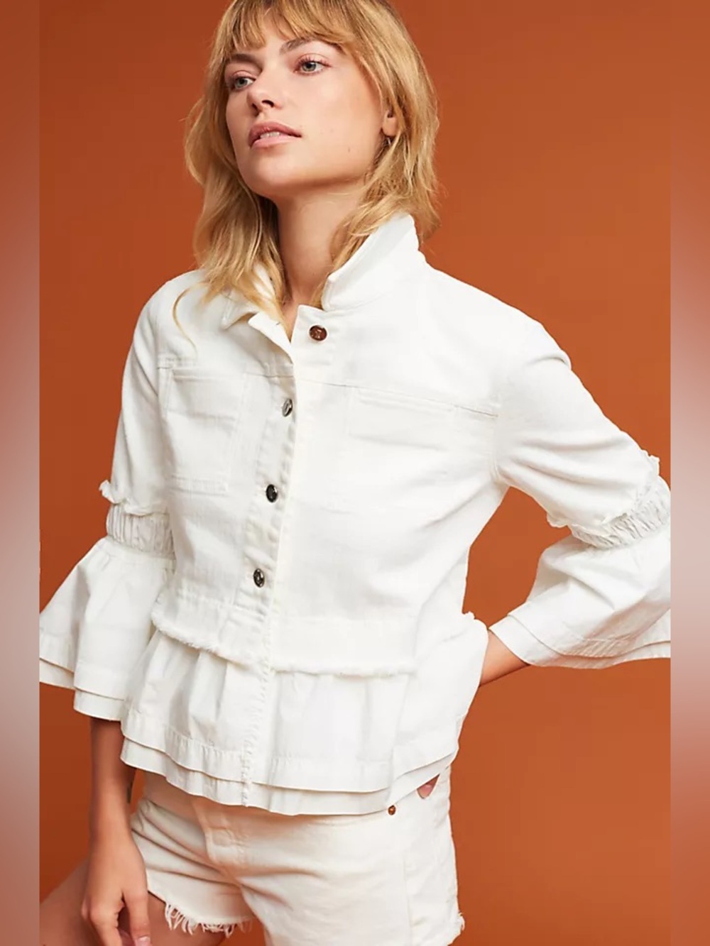 Anthropologie Pilcro and the Letterpress White Ruffled Denim Jacket | size SP